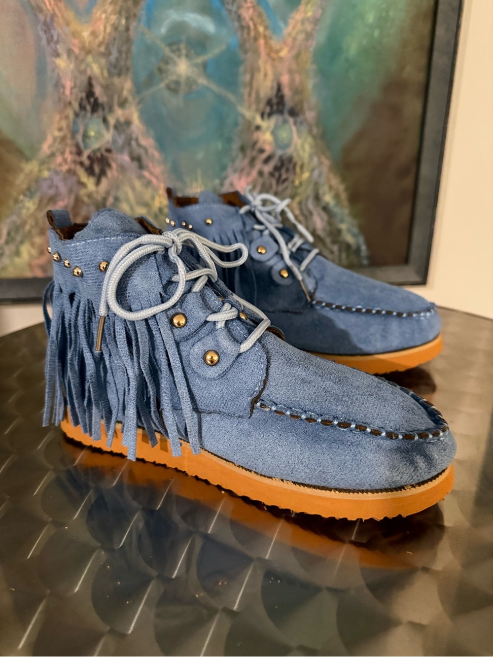 Fringe Lace-Up Suede Moccasin Boots in Blue